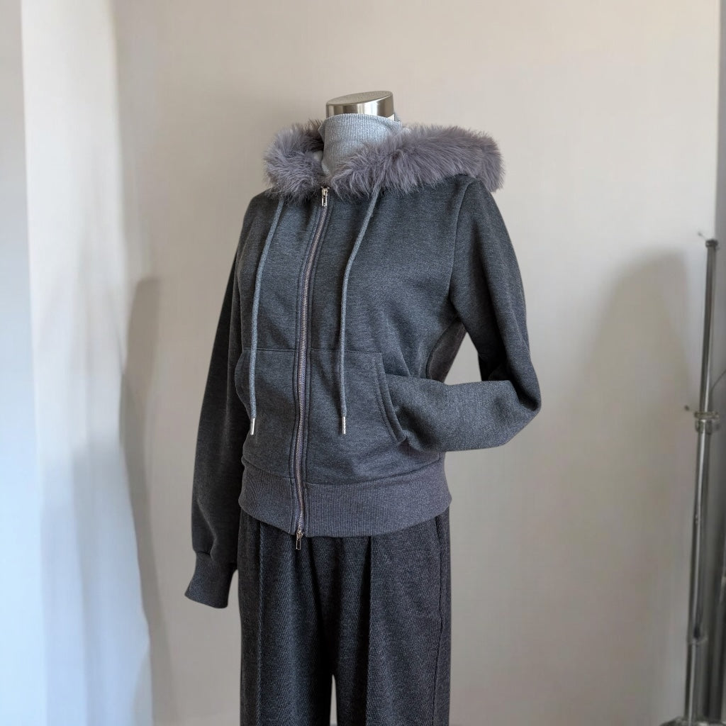 minimal fur double-zip hoodie