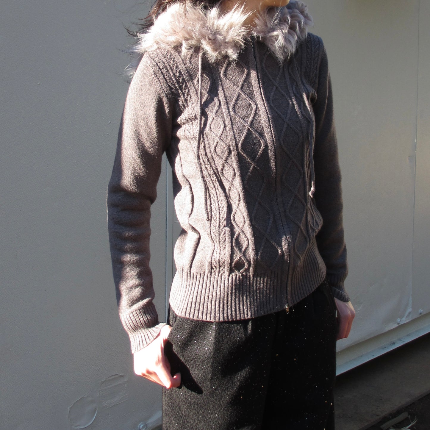 cable fur double-zip hoodie