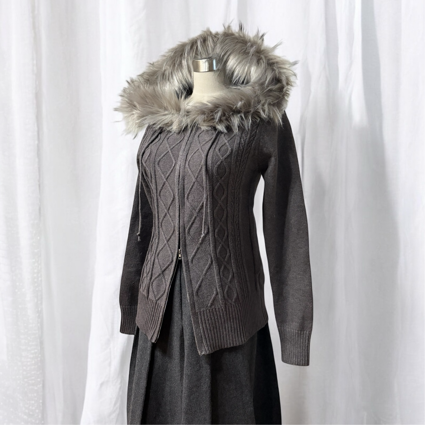 cable fur double-zip hoodie